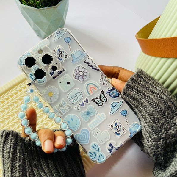 Aesthetic Blue Clear Phone Case With Flower Phone Charm